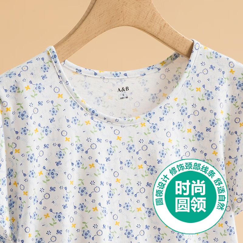 AB母亲节纯棉女中老年夏薄款家居服妈妈上衣宽松大码印花短袖汗衫 蓝雅【上衣】 3XL