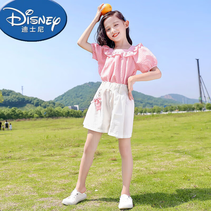 迪士尼女童套装洋气短袖女孩夏装新款网红中大童格子两件套学生宽松 粉色套装 140cm