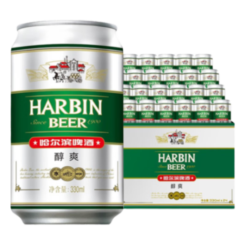 哈尔滨啤酒醇爽啤酒纯正风味经典一起哈啤百年浓香清爽传承铝罐酒精整箱批发 330mL 24罐 整箱装