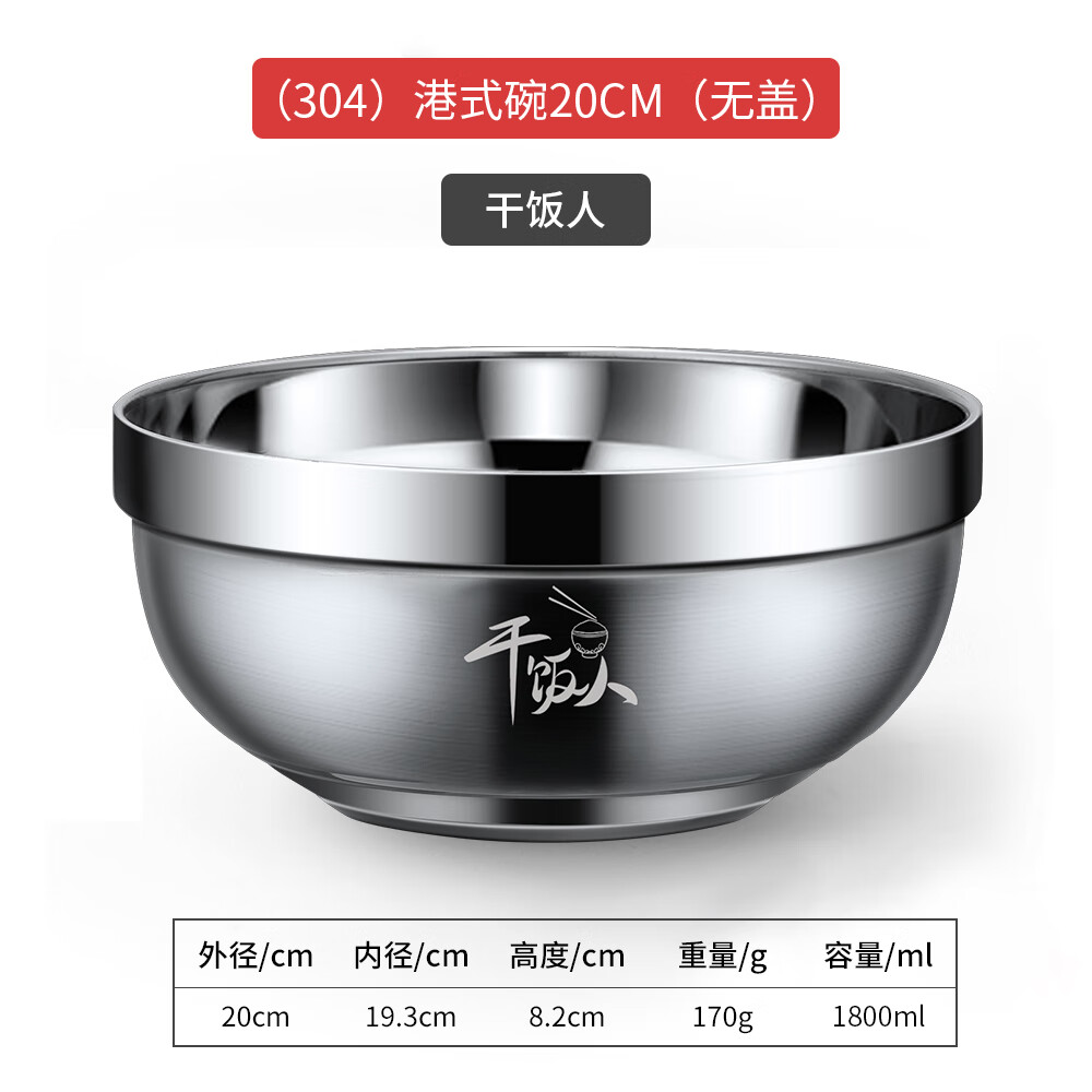 学生食堂打饭专用饭盆家用不锈钢碗304食品级汤盆饭碗 (干饭人)20cm
