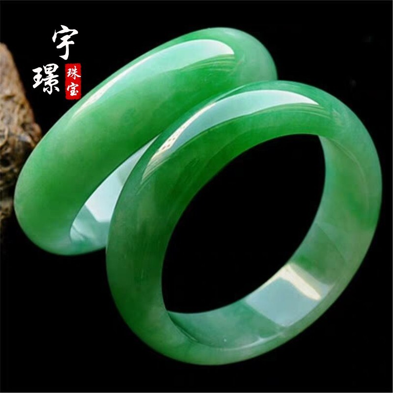 缅甸老坑翡翠帝王绿手镯冰种阳绿满绿手镯飘绿正圈玉飘花水润 翡翠
