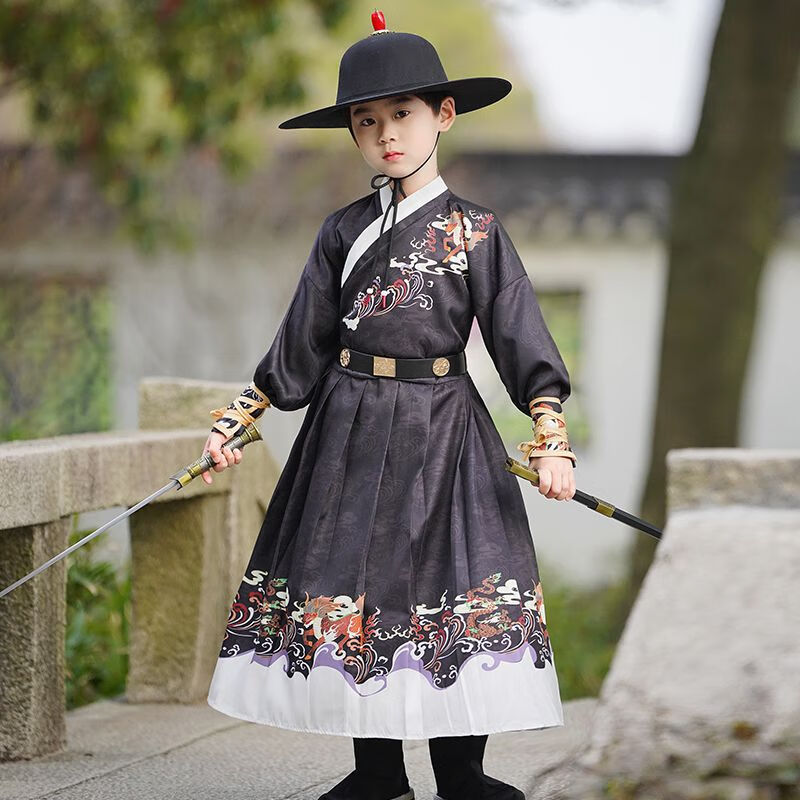 服汉服男童帅气中古装小学生锦衣卫武侠风孩 黑色飞鱼服(普通腰带)