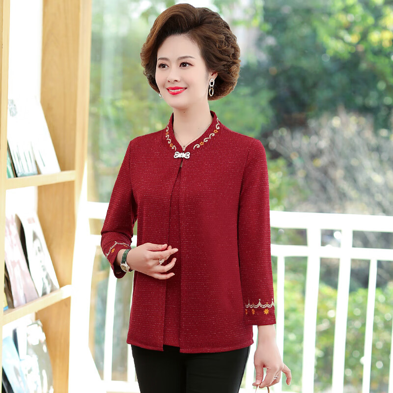 枫顾蓝50岁女人穿的气质女装春装矮个子妈妈假两件洋气宽松大码上衣40