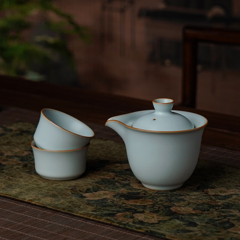 青澹汝窑整套茶具套装礼品茶杯礼盒装知己悠然茶组 知己悠然茶组(一壶两杯) 1件 天青色