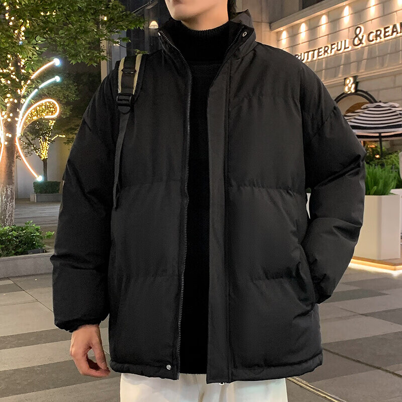 卡柏奇纯色保暖立领棉服男百搭时尚抽绳外套 黑色 M