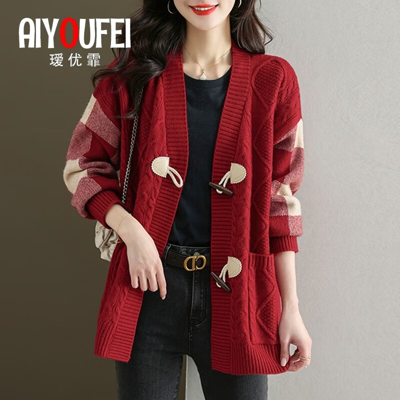 瑷优霏(aiyoufei)针织衫女开衫春秋装新款慵懒风宽松二八月外穿毛衣外套女中长款 红色 L 建议105-115斤左右