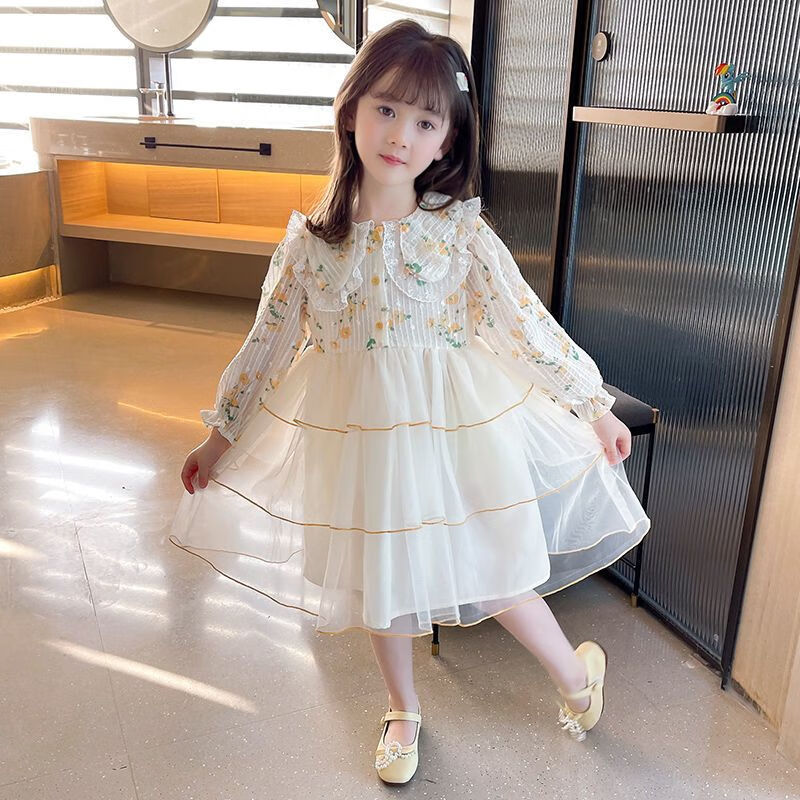 娃娃领公主裙女孩碎花雪纺裙 杏色 碎花连衣裙 100 建议身高90厘米