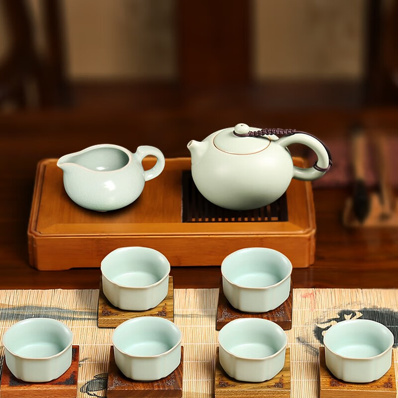 易信开片可养手抓壶公道杯品茗杯八件套汝窑陶瓷茶具套装功夫茶具套装