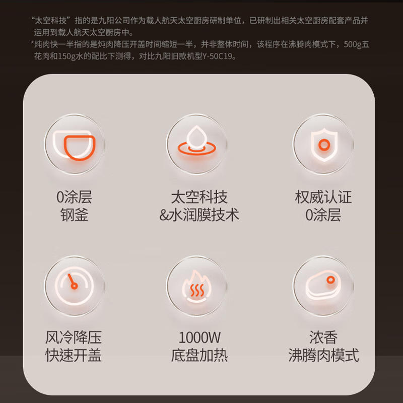 九阳(Joyoung)电压力煲5L大容量0涂层钢釜太空科技304不锈钢电压力锅电饭煲1000W大火力风冷降压煮饭煲汤4-8人 50NS1【太空科技0涂层钢釜】 5L