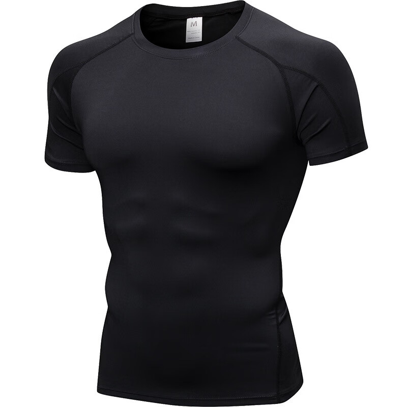 男士紧身短袖 健身运动跑步训练服弹力速干衣短袖T恤衣服 黑-黑线 XL