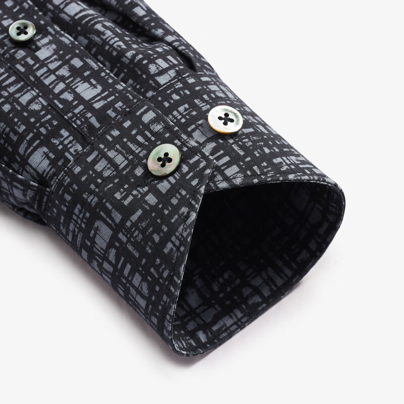 MAYOR男装 秋季棉桑蚕丝印花透气修身时尚男士长袖衬衫 黑灰 38