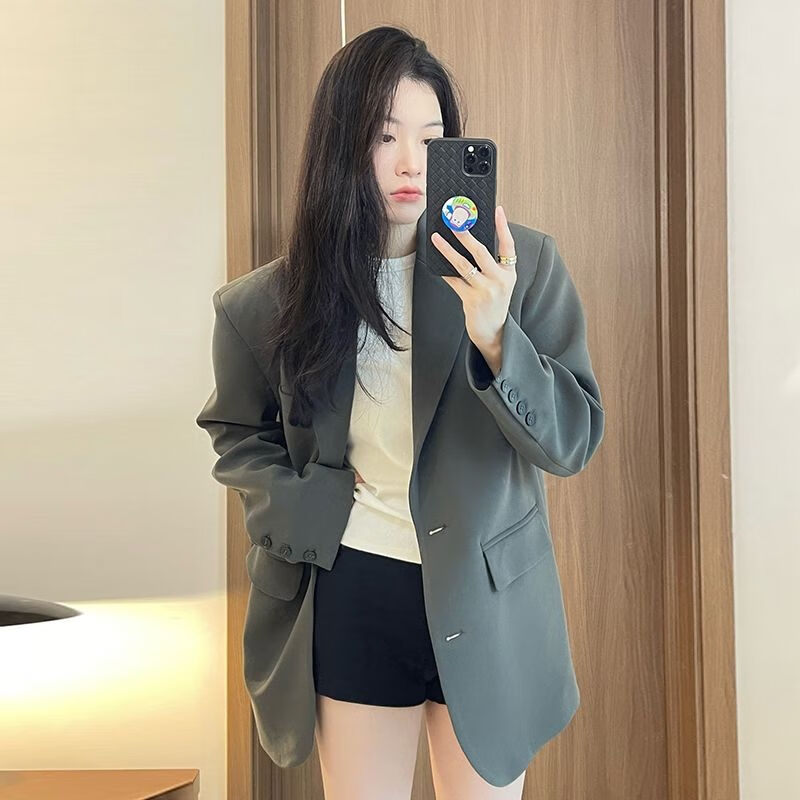 锦结思休闲西装外套女2024春秋高级感厚实灰色显瘦韩版小个子廓形垫肩