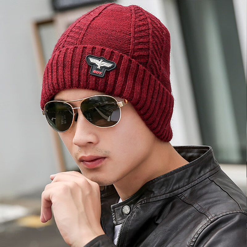 帽子男冬季针织帽韩版保暖加绒男士包头帽学生加厚套头帽子 酒红色