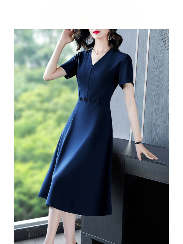 毅珊高端设计夏季新款连衣裙女气质修身显瘦设计感藏蓝高腰v领裙