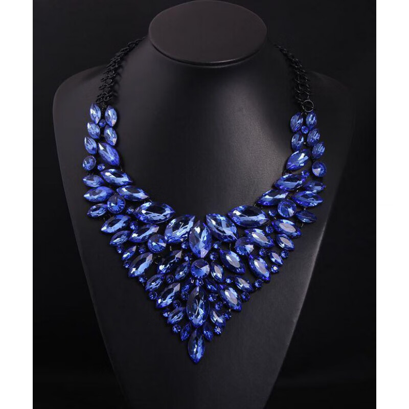 倪曼欧美闪宝石夸张锁骨项链时尚礼服晚宴女配饰品毛衣链 蓝色