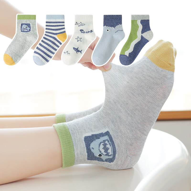 六指鼠儿童袜子男童男宝宝春秋款网眼中筒精梳棉男孩中大童学生夏季薄款 89W薄棉（海底总动员） 5双 均码  建议7-8周岁(袜标9-12岁)