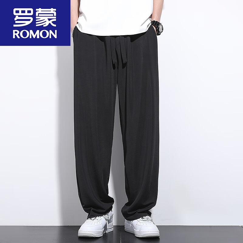 羅蒙（ROMON）銅氨絲直筒褲子男垂感冰絲褲夏季薄款寬松休閑長褲大碼闊腿春秋季 黑色 -涼感銅氨絲面料 XL 150-170斤