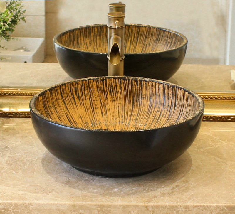 瓷艺术台上盆圆形仿古陶瓷洗脸盆新中式复古台上洗手盆 黑黄流水线