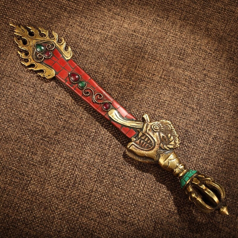 铜人艺巷全铜黄铜尼泊尔工艺手工镶绿红松石智慧剑文书剑文殊剑工艺品