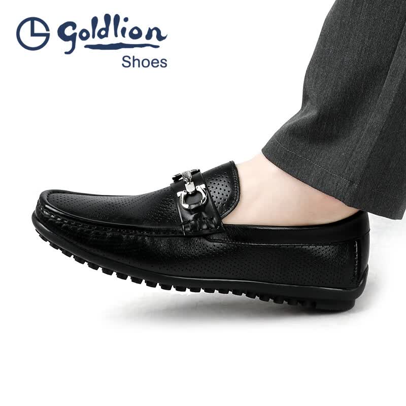 金利来(Goldlion)凉皮鞋男 夏季冲孔男士豆豆鞋 圆头镂空休闲凉鞋 软皮套脚乐福鞋 黑色 42