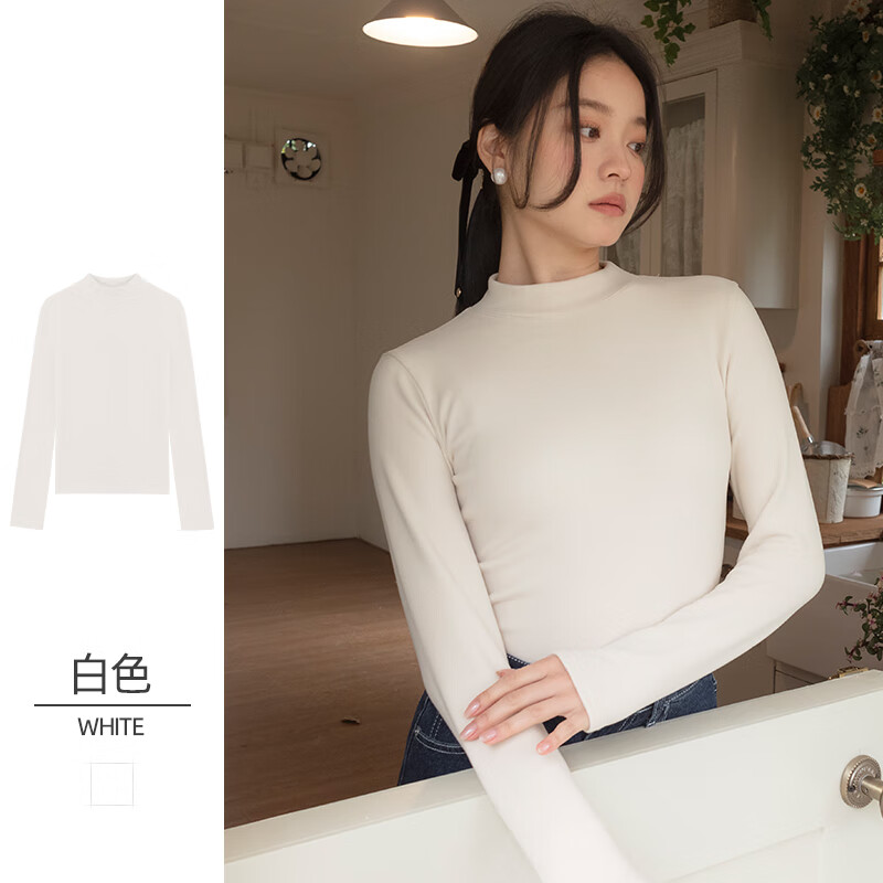 华婷露（Huatinglu）半高领仿德绒内搭长袖打底衫衣女2024秋冬漂亮小衫修身保暖上衣 白色 L (95-110斤)