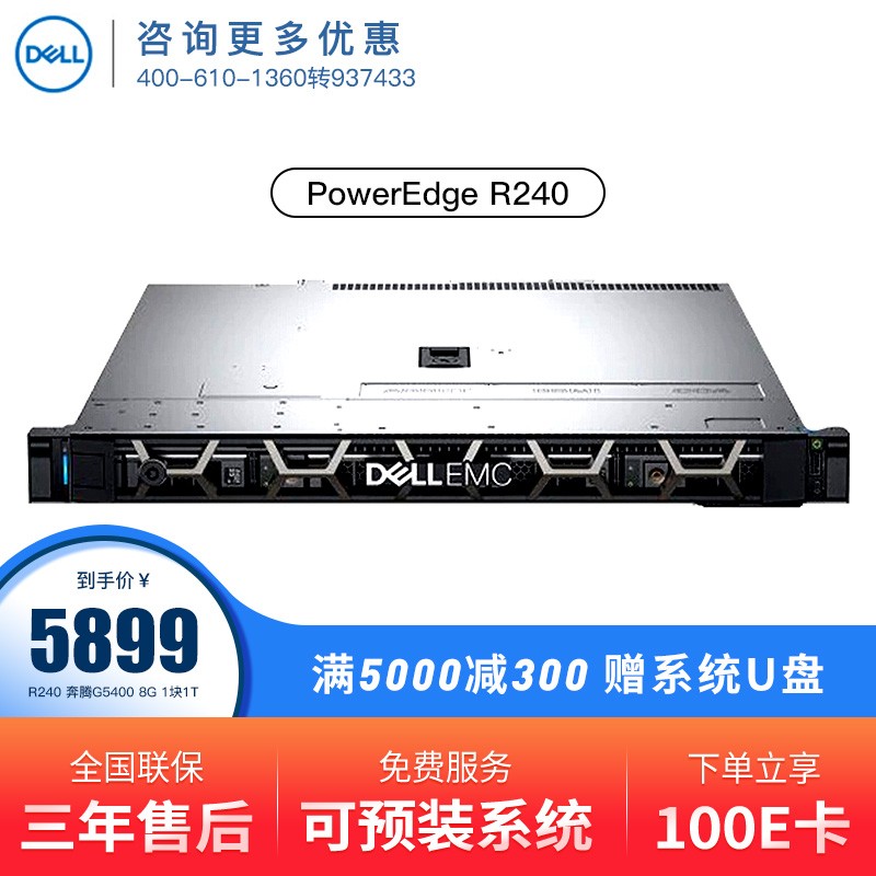 戴尔（DELL）Poweredge R240|R440服务器主机 1U机架式 ERP文件邮件电脑整机 R240 强E-2246G 六核 3.6G 16G丨1块1T硬盘