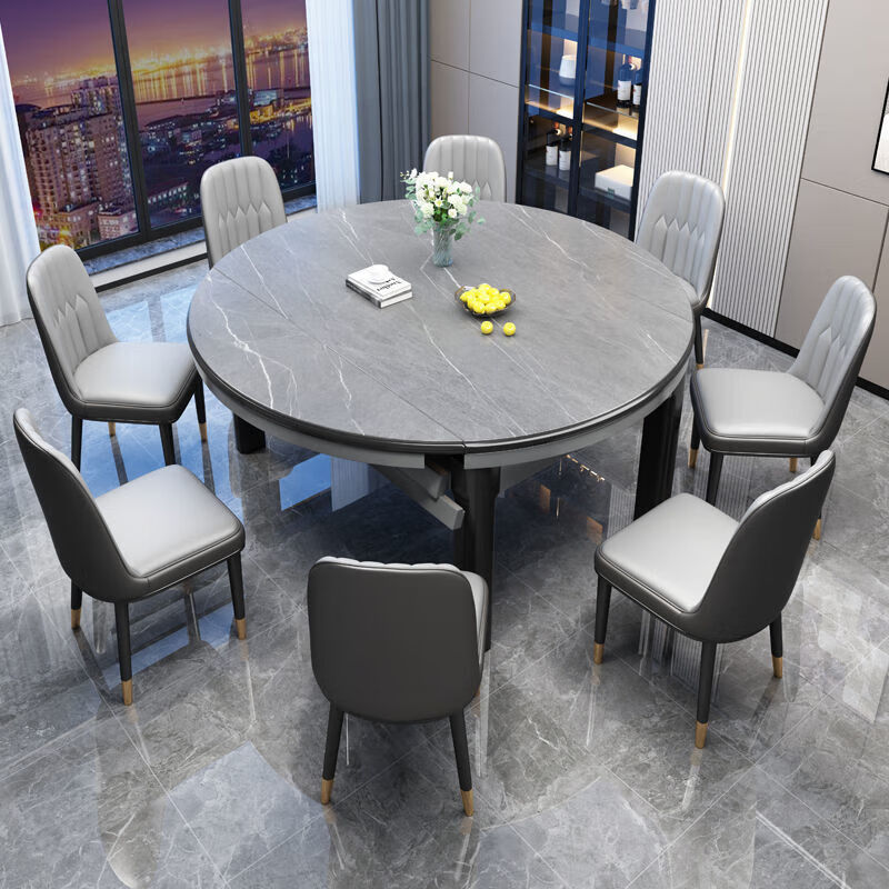 梵森荣2025新款岩板餐桌椅组合意式现代简约伸缩折叠家用小户型实木饭桌 搭配皮椅【加厚12mm岩板】 1.35m  一桌四椅【不带电磁炉】