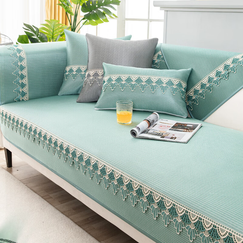 沙发垫套装冰丝色夏天防滑皮木客厅组合沙发罩巾包简约坐垫 波澜-水绿