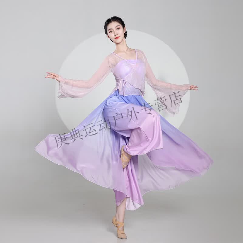 炫逐古典舞服中国舞练功服舞蹈服女飘逸身韵弹力渐变纱衣古典舞演出服 烟紫色裤裙-单件 S