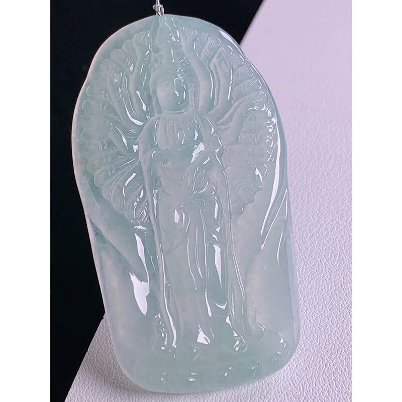 绿翠天成 翡翠冰种底色千手观音吊坠 缅甸a货翡翠送礼男款尺寸66.