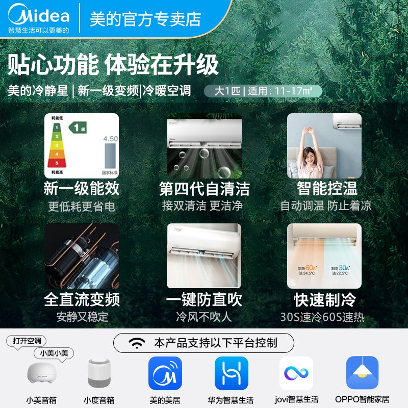 美的（Midea）空调挂机1.5匹/大1匹直流变频一级能效壁挂式冷暖空调 智能家电 冷静星二代/极酷 KFR-26GW/BP3DN8Y-PH200(1)