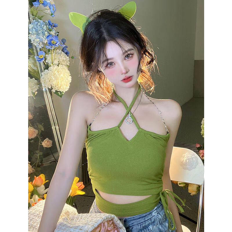 路林狼辣妹挂脖绑带绿色吊带背心女夏季新款欲内搭短款针织外穿上衣潮