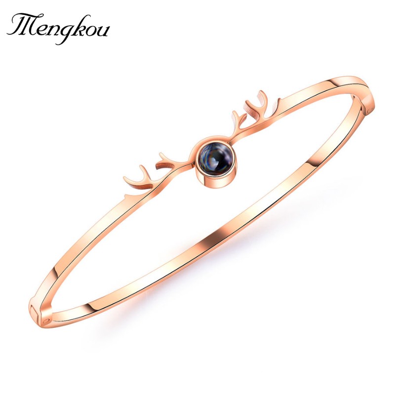 mengkou 梦蔻 玫瑰金钛钢女士手镯一鹿有你鹿角投影手环网红手饰品