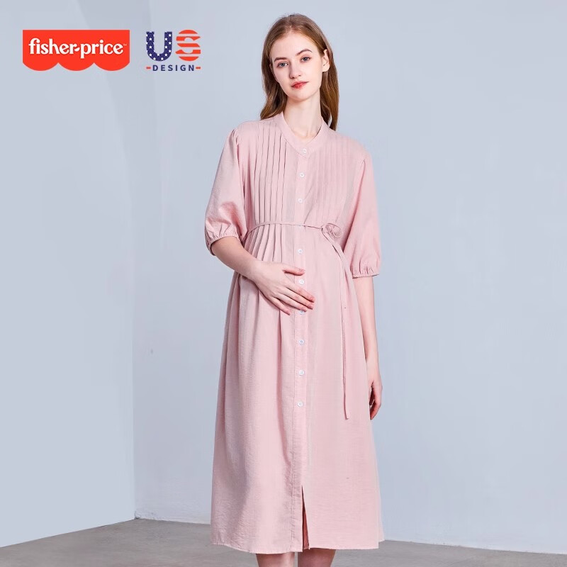 費雪（Fisher-Price）費雪孕婦夏季連衣裙新款時尚孕婦裙子寬松可哺乳孕婦裝夏天長裙女 淺粉色連衣裙 L