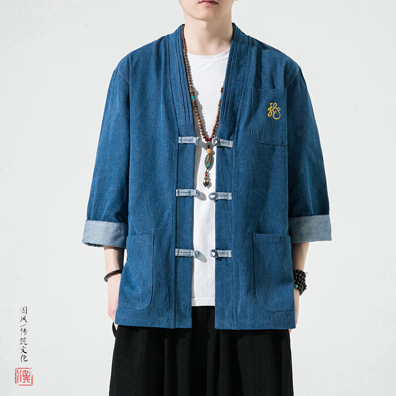 保弘思春夏季短袖牛仔外套男中国风刺绣盘扣唐装宽松古风汉服七分袖茶