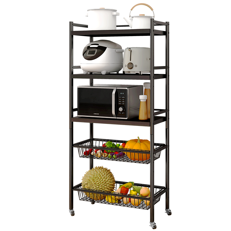 稳纳 厨房置物架黑色水果蔬菜架推车落地菜篮架子置物收纳架储物架微波炉烤箱架可移动黑色五层3板2网 Z5332