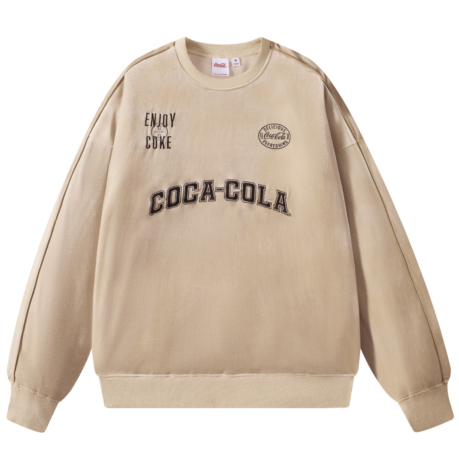 可口可乐(coca-cola)丽丝绒字母刺绣条纹拼接圆领卫衣 男女同款 浅