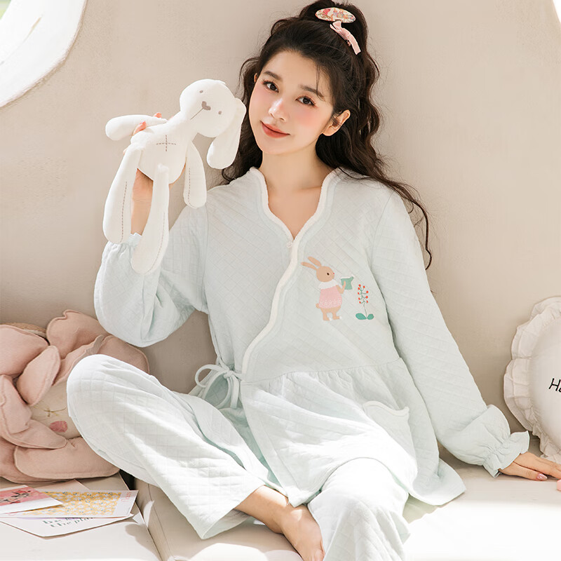 家の时光月子服秋冬12月份保暖空气棉产后孕妇哺乳睡衣冬天产妇待产家居服 (娇花小兔)海蓝 XL码 【推荐145-160斤左右】
