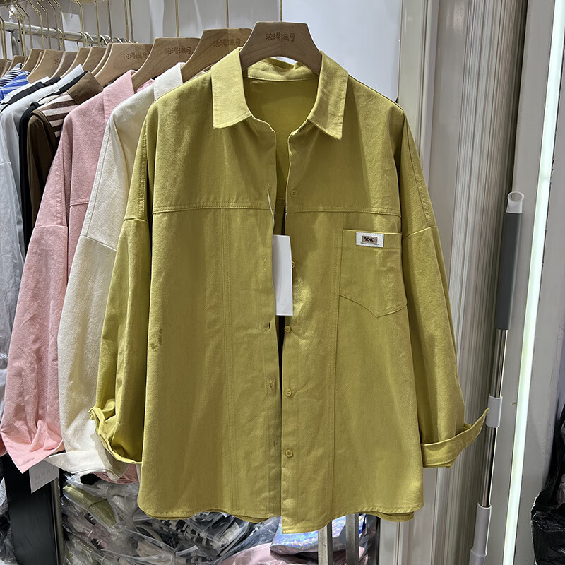 雷黛茜长袖工装衬衫女春新款设计感减龄衬衣宽松BF别致上衣 黄色 M 【建议80-100斤】