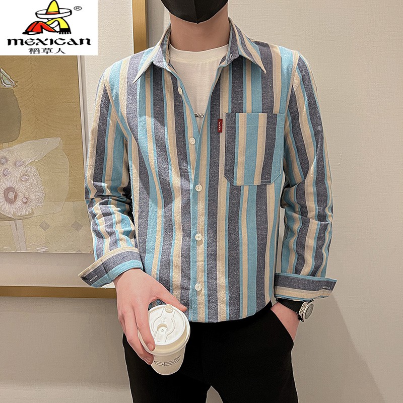 稻草人感衬衫男士长袖潮牌条纹衬衣休闲外套潮流春春款男装上衣 蓝灰