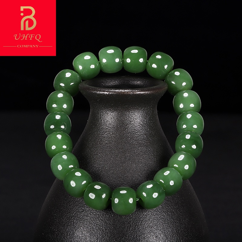 uhfq 新疆和田玉碧玉老型珠手串老坑菠菜绿桶珠女士款玉石珠串手链