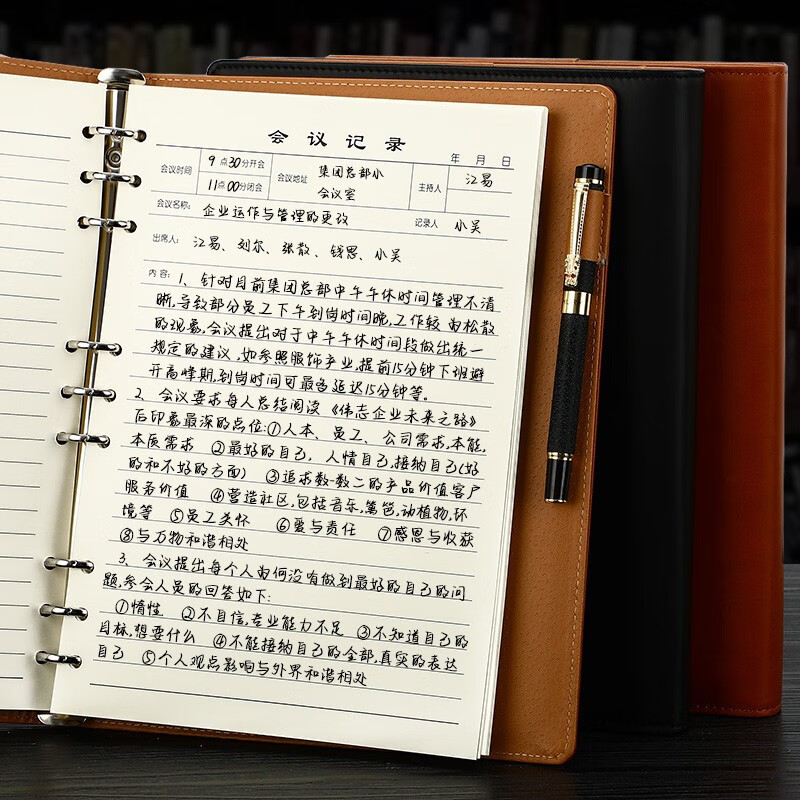 嘉然恒 大号会议记录本加厚笔记本子可拆卸活页本记事本办公文具16K工作笔记本商务皮面本子-16K黑色