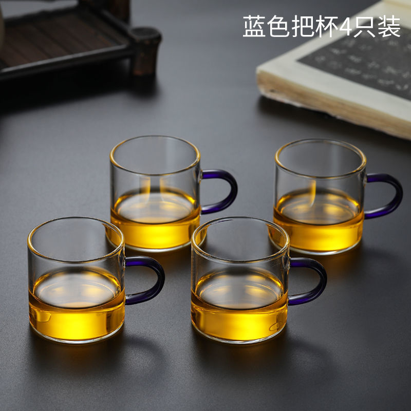 小喝茶杯子带把6只装耐热品茗杯玻璃茶杯迷你小杯子 100ml蓝色杯4只装