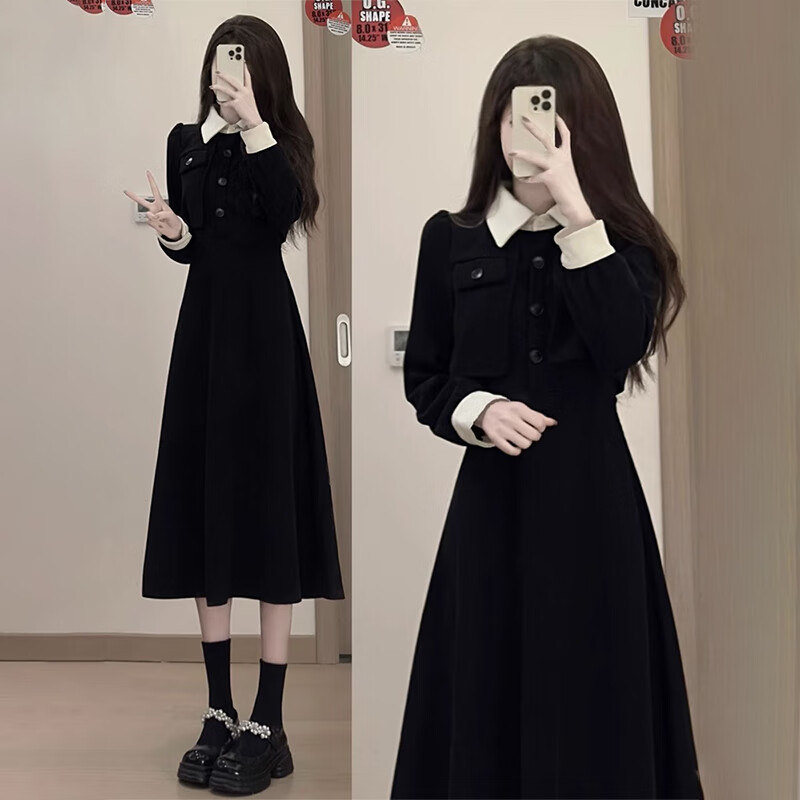 流彗允硕女装2024新款春装赫本黑色连衣裙子女春秋冬穿搭配一整套早春