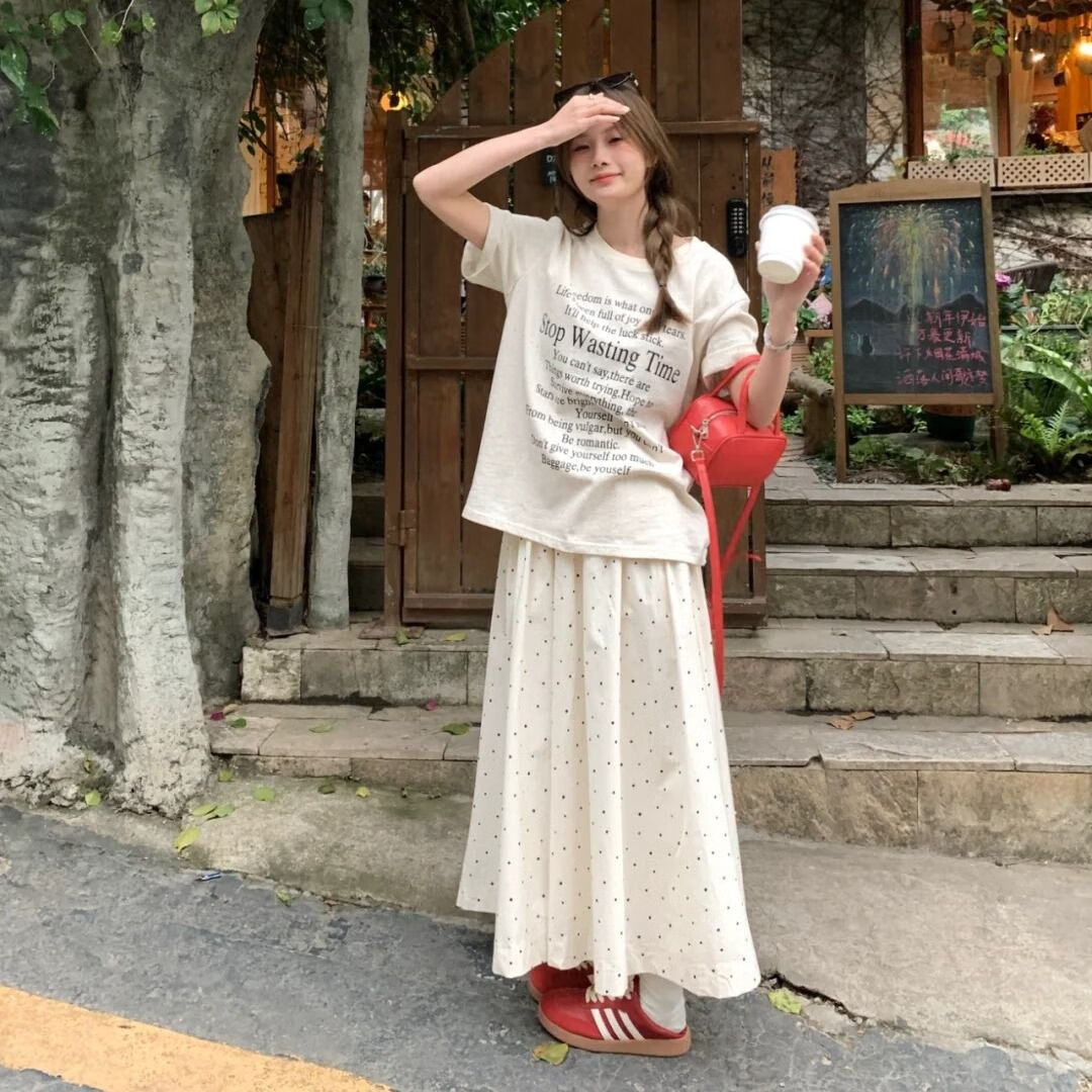 长裙半身裙到脚裸温柔学院波点女简约新款2024松紧高腰a字夏季裙 米色
