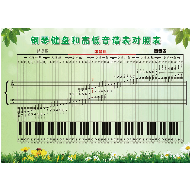 scd04-04 钢琴键盘和高低音谱表对照图 40x60cm  pp覆膜防水自粘贴纸