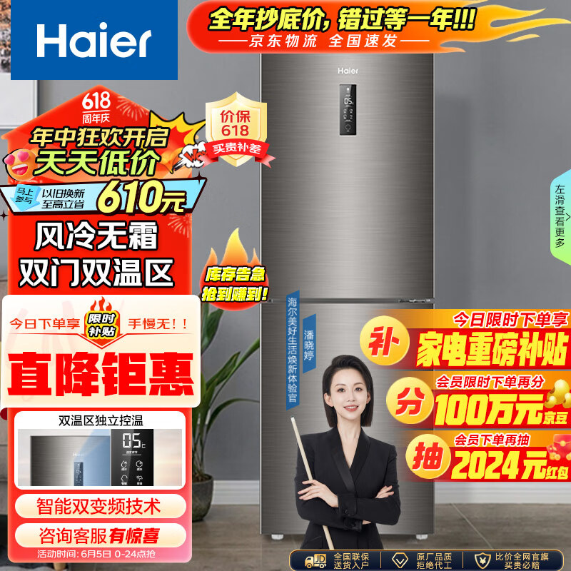 海尔（Haier）272升两门二门双开门小户型家用迷你电冰箱无霜节能宿舍出租房办公室冷藏冷冻2人用BCD-272WDPD