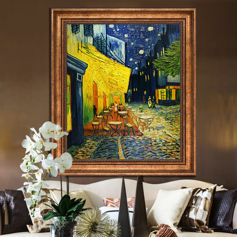 梦彩阁手绘油画梵高夜间露天咖啡馆玄关画办公室挂画客厅装饰画可定制