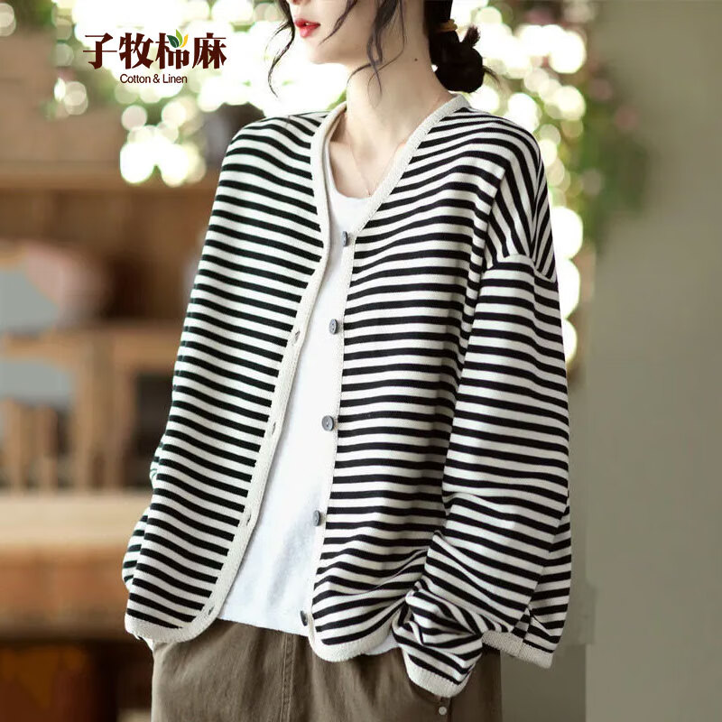 子牧棉麻秋装 女文艺百搭条纹织带包边单排扣长袖外套开衫上衣8713 黑条纹 M(建议95-115斤)