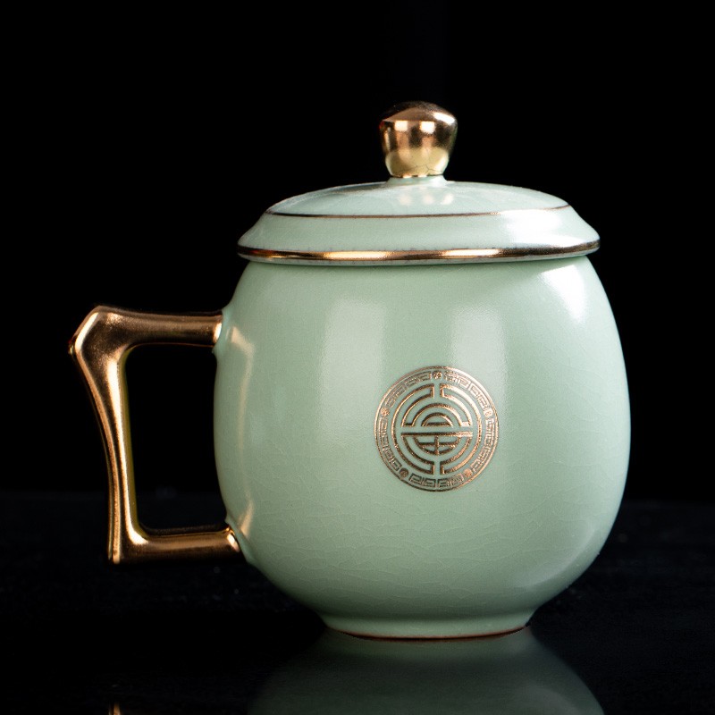 杯茶杯高档复古汝瓷办公杯可养开片描金手工陶瓷水杯定制logo礼盒装